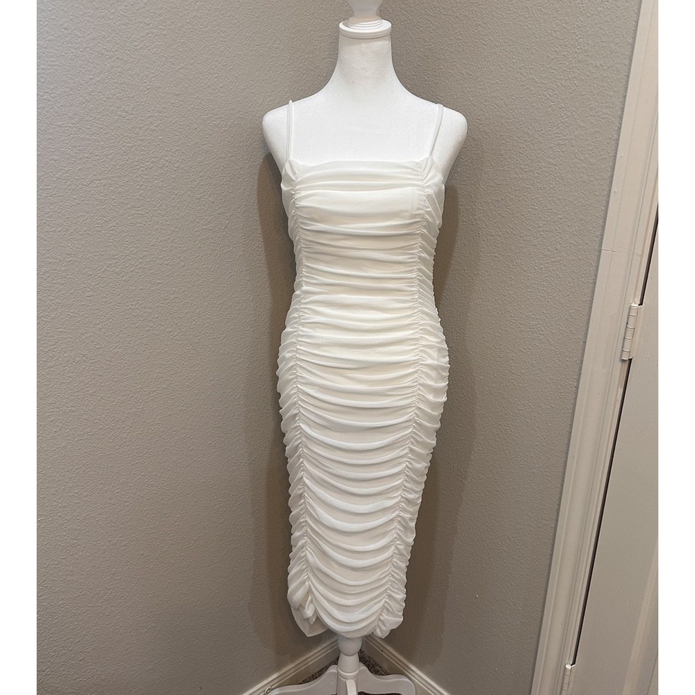 Club L London White Ruched Mesh Midi Dress 6 Bodycon‎ Bachelorette Sleeveless
